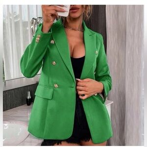 Green Solid Double Breasted Flap Pocket Blazer L